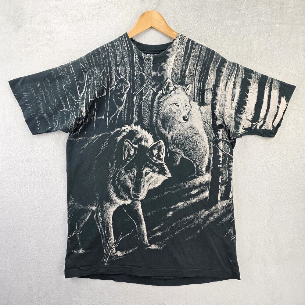 Vintage 1992 Wolves Nature Shirt XL Single Stitch AOP Harlequin 90s USA Wolf